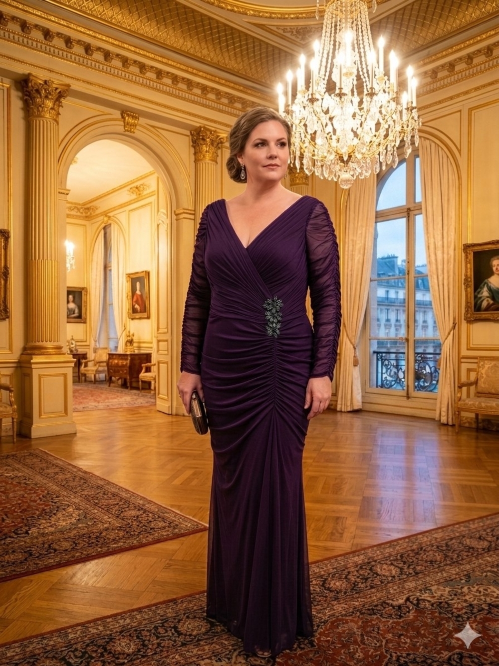 Adrianna Papell Purple Ruched Mesh Embellished Evening Gown Maxi Dress 14W